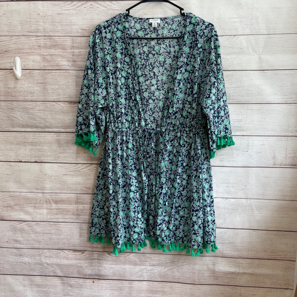 J‎ CREW COVERUP IN BLUE AND GREEN FLORAL PRINT WITH FRINGE